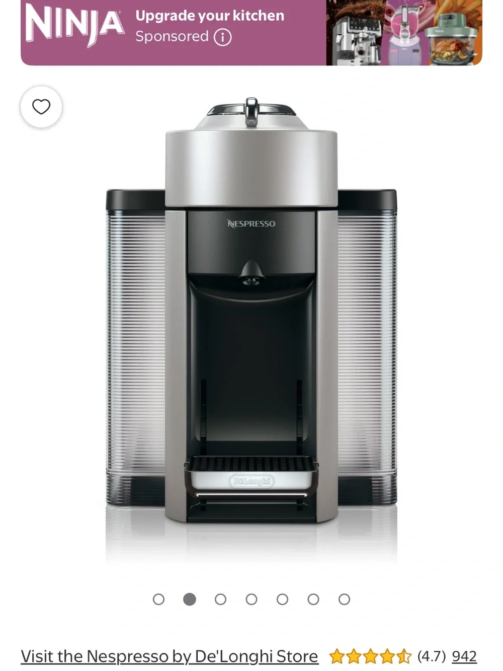 Nespresso Espresso Machine in Silver and Black with Clear Water Tanks
